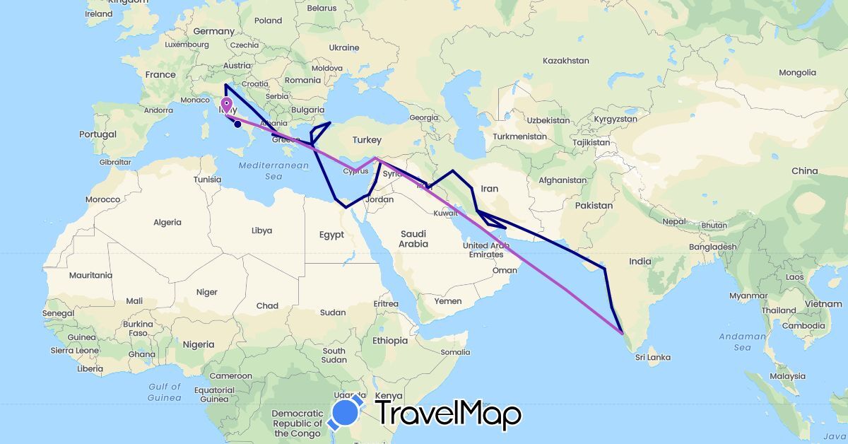 TravelMap itinerary: driving, train in Cyprus, Egypt, Greece, Israel, India, Iraq, Iran, Italy, Oman, Palestinian Territories, Syria, Turkey (Africa, Asia, Europe)